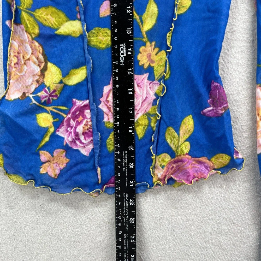 Free People Mesh Top Womens XS Blue Floral Sheer Mock Neck Long Sleeve Y2K